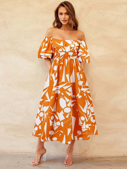 woman wearing an off shoulder orange and white printed midi dress